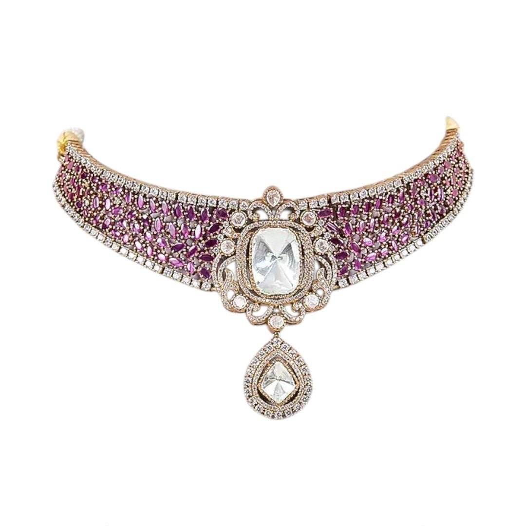 Royal Pink CZ Choker Necklace Set with Kundan-Style Earrings & Pearl Drops for Women - Auraa Trends