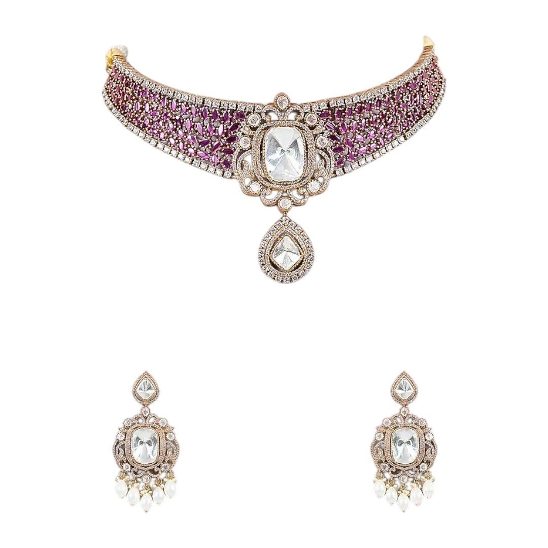 Royal Pink CZ Choker Necklace Set with Kundan - Style Earrings & Pearl Drops for Women - Auraa Trends - Necklace Set - - Auraa Trends - "Elegant pink cubic zirconia choker necklace with kundan centerpiece and matching statement earrings featuring pearl drops โ ideal for bridal and festive occasions"