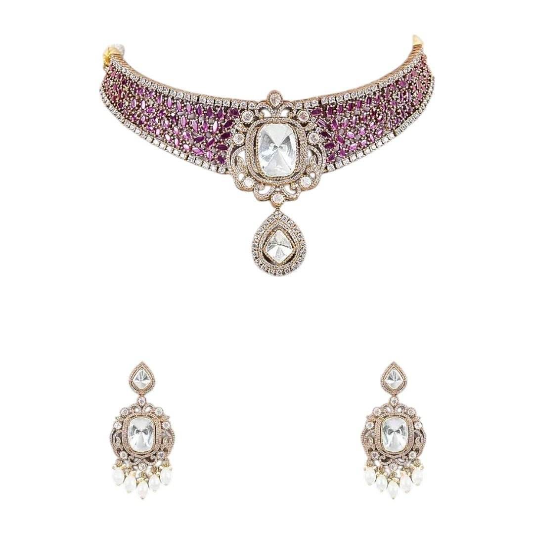 Royal Pink CZ Choker Necklace Set with Kundan-Style Earrings & Pearl Drops for Women - Auraa Trends