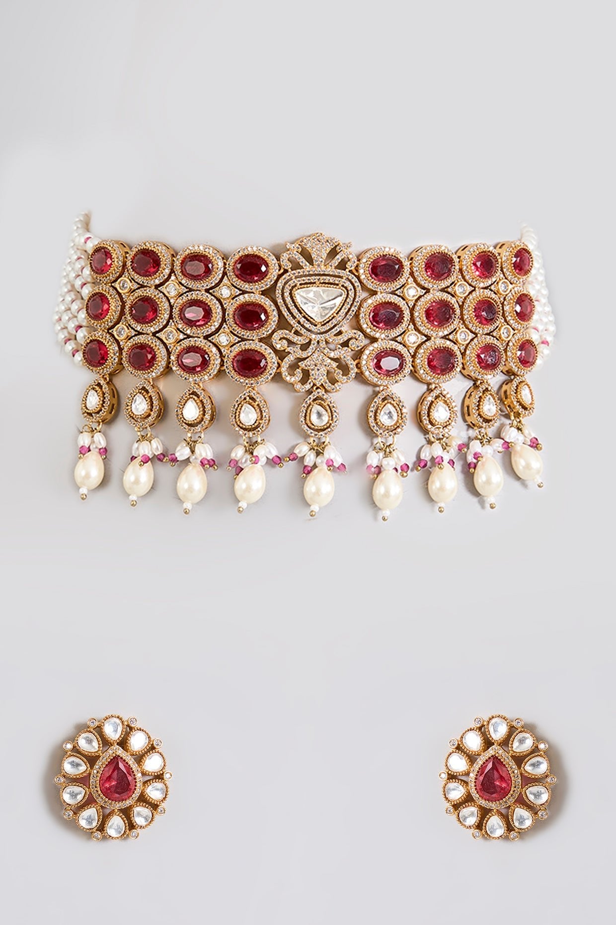 Royal Ruby Red Kundan Pearl Choker Necklace Set - Auraa Trends - Necklace - Royal Ruby Red Kundan Pearl Choker Necklace Set