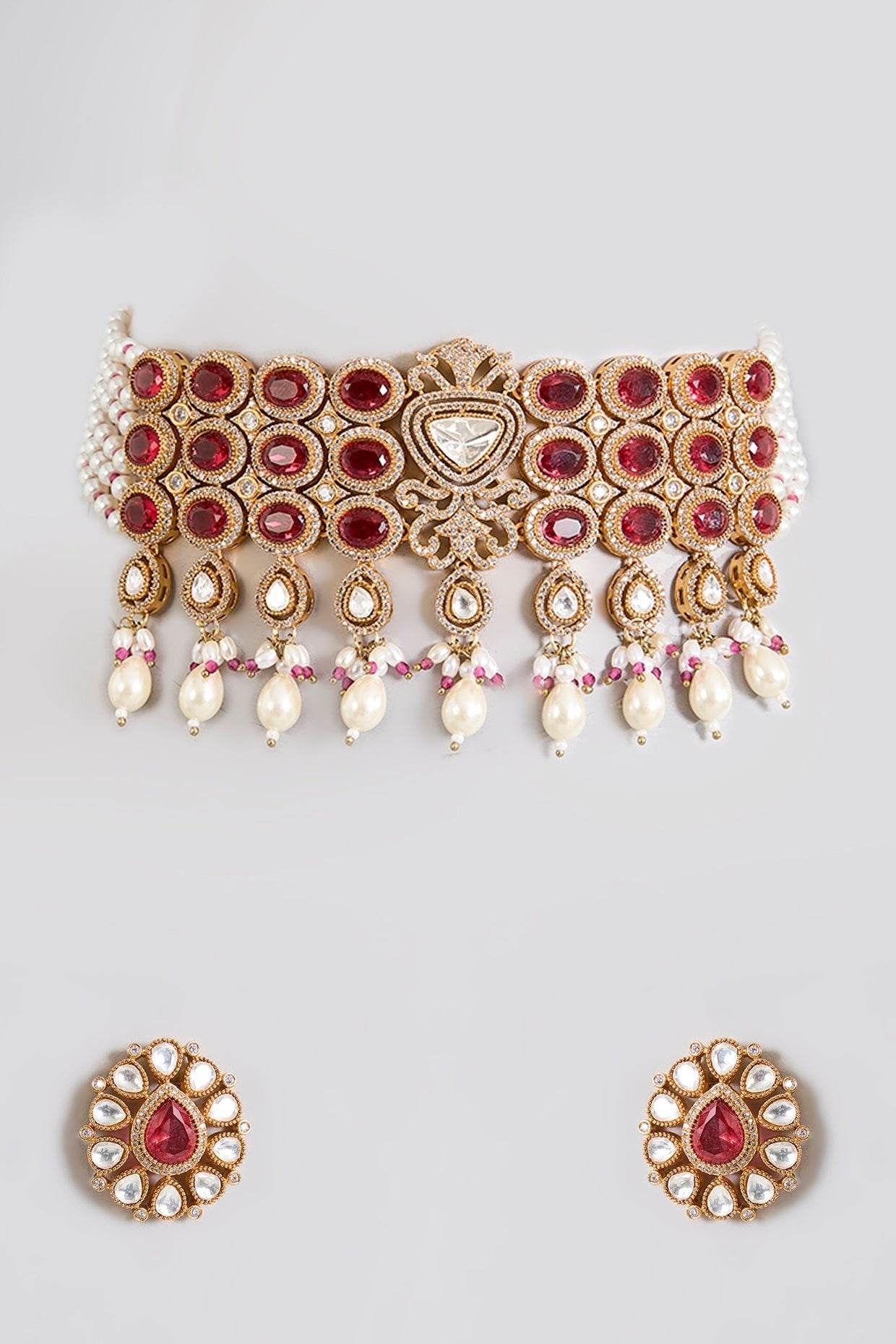 Royal Ruby Red Kundan Pearl Choker Necklace Set - Auraa Trends