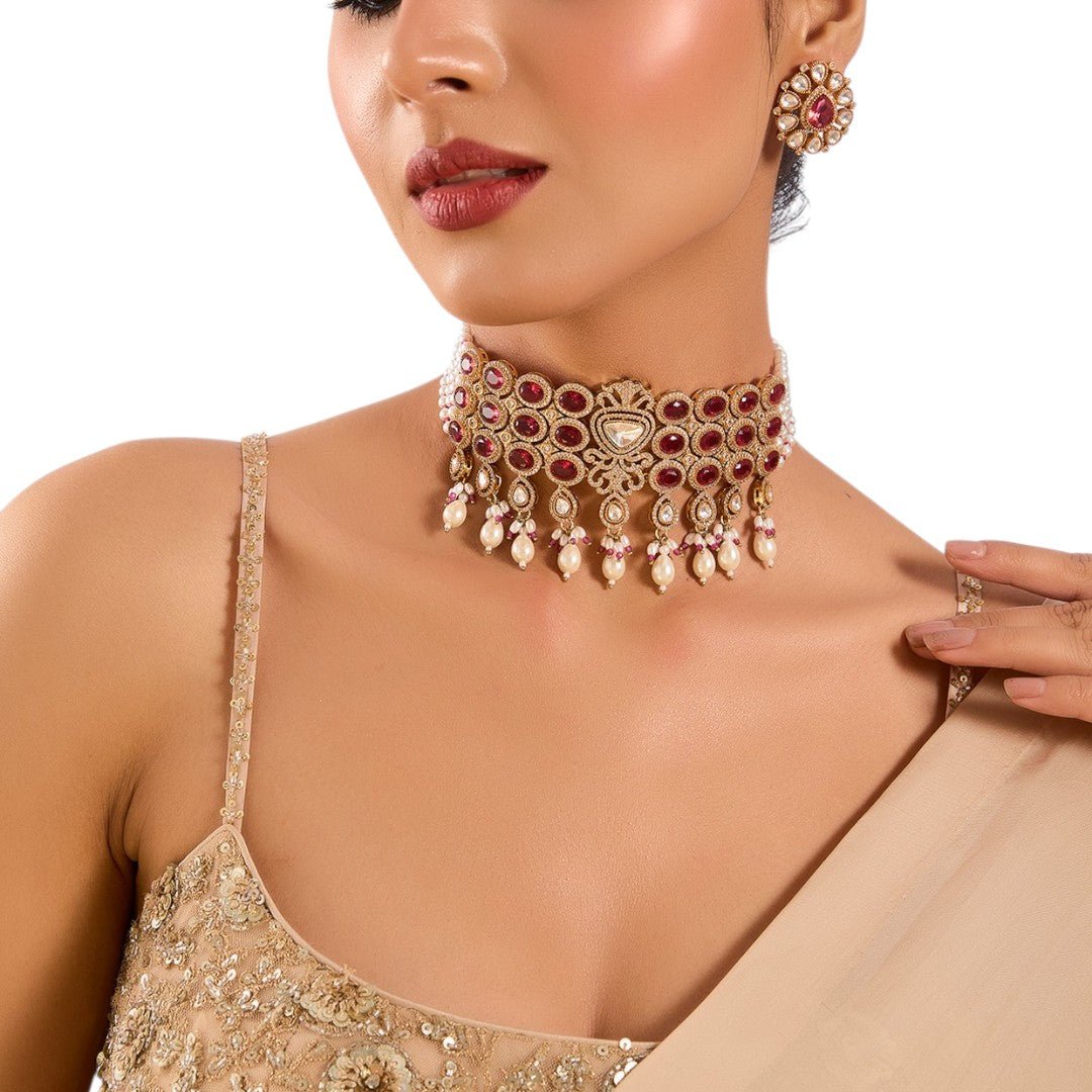 Royal Ruby Red Kundan Pearl Choker Necklace Set - Auraa Trends - Necklace - Royal Ruby Red Kundan Pearl Choker Necklace Set