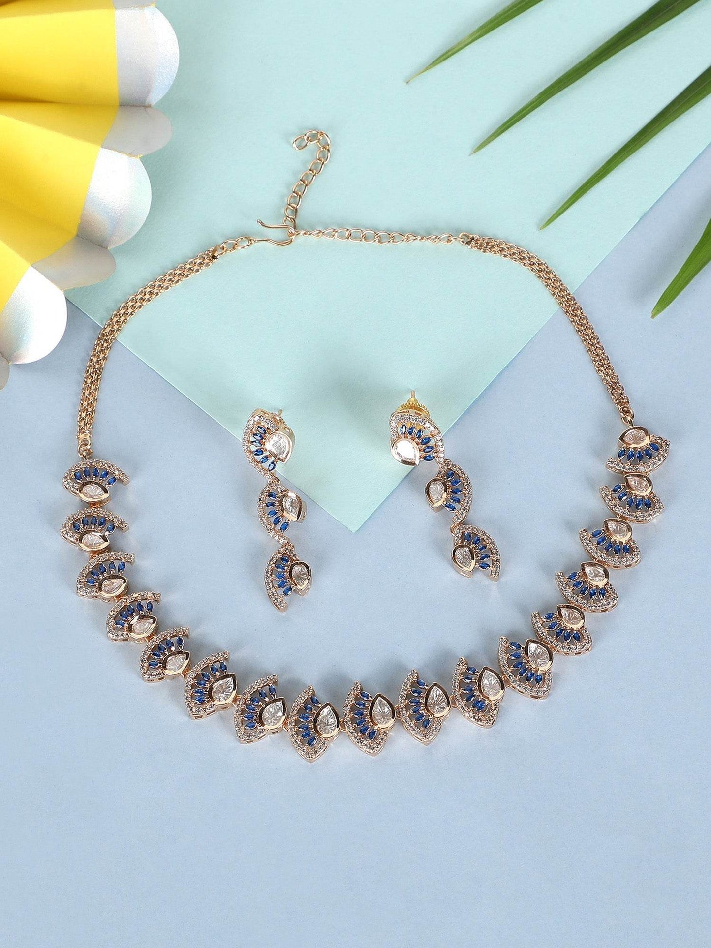 Royal Sapphire CZ Necklace Set with Dangling Earrings - Auraa Trends