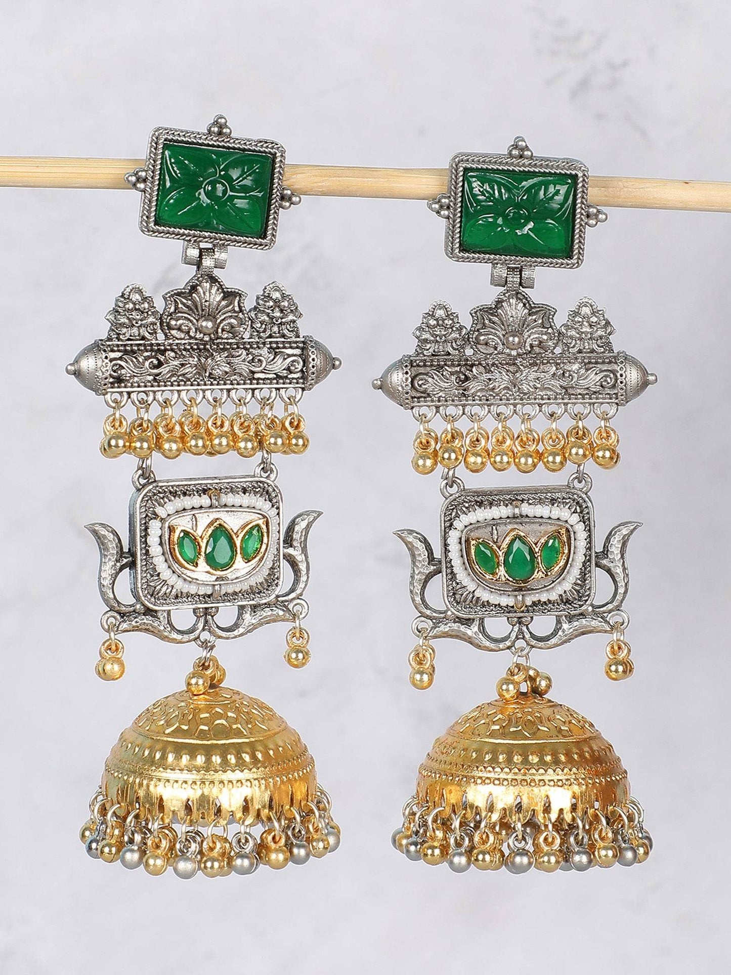 Royal Temple-Inspired Dangler Earrings with Emerald Accents Double Jhumka - Auraa Trends