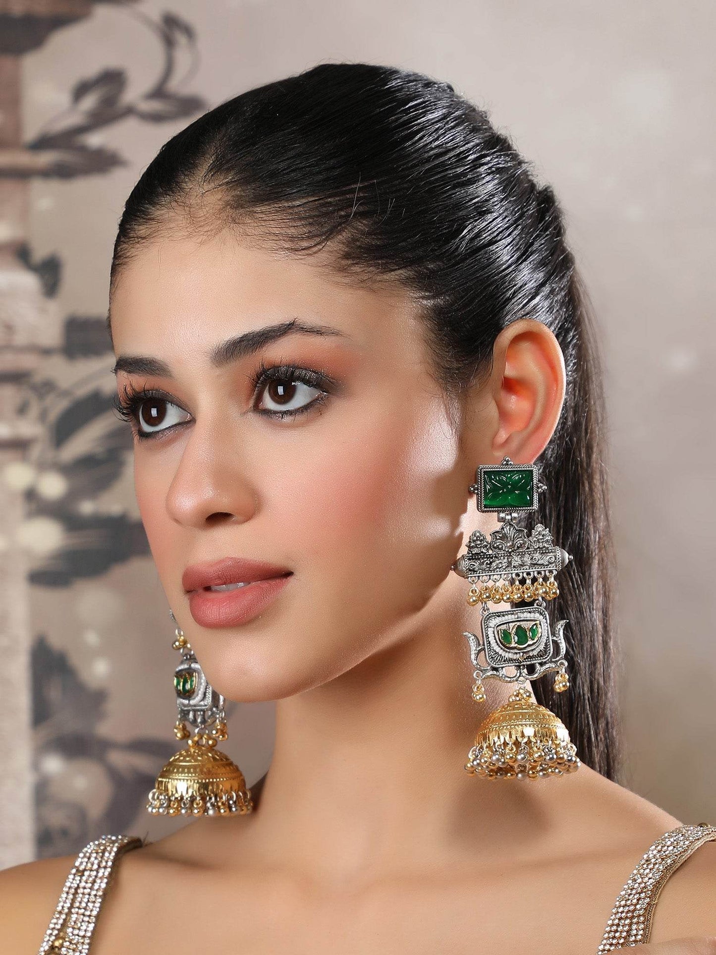 Royal Temple-Inspired Dangler Earrings with Emerald Accents Double Jhumka - Auraa Trends