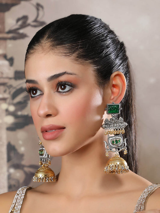 Royal Temple-Inspired Dangler Earrings with Emerald Accents Double Jhumka - Auraa Trends