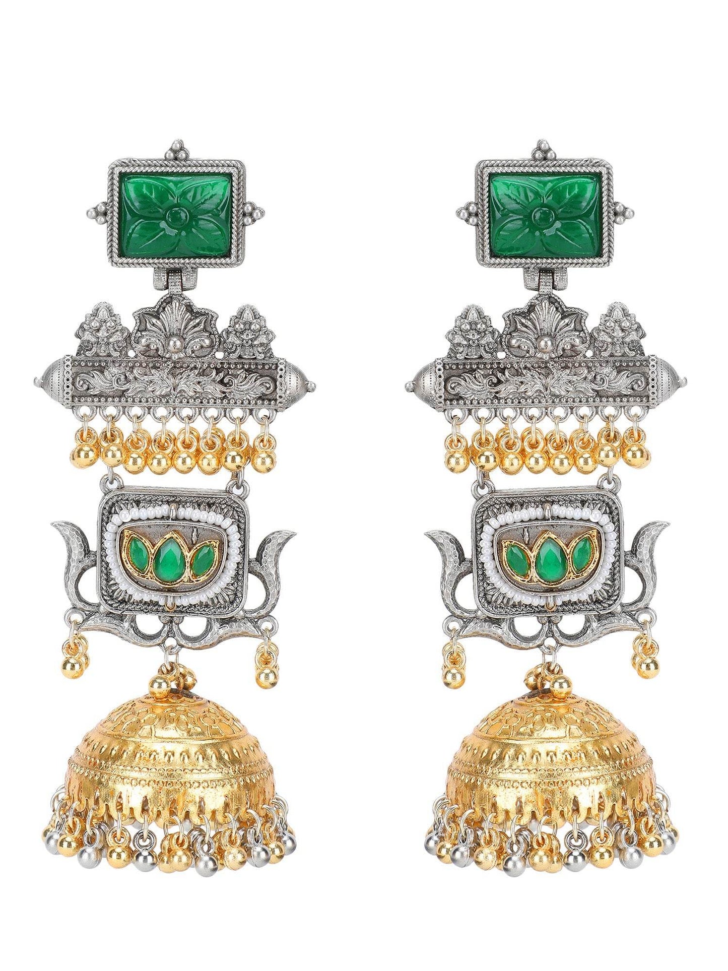 Royal Temple-Inspired Dangler Earrings with Emerald Accents Double Jhumka - Auraa Trends