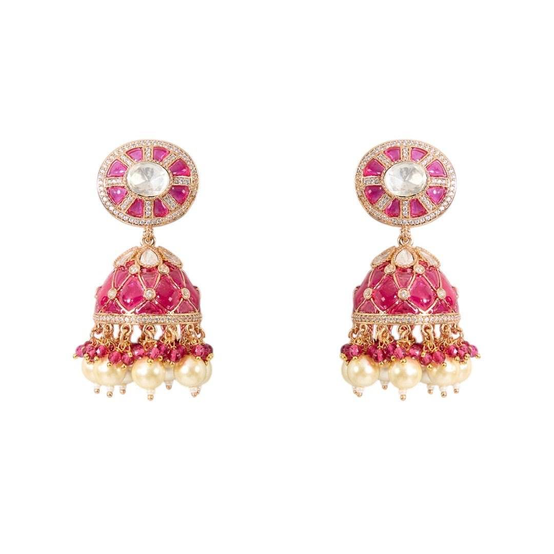 Ruby Dome Motif Choker Set with Pearl Drops - Auraa Trends