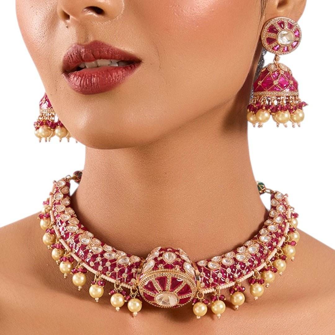 Ruby Dome Motif Choker Set with Pearl Drops - Auraa Trends