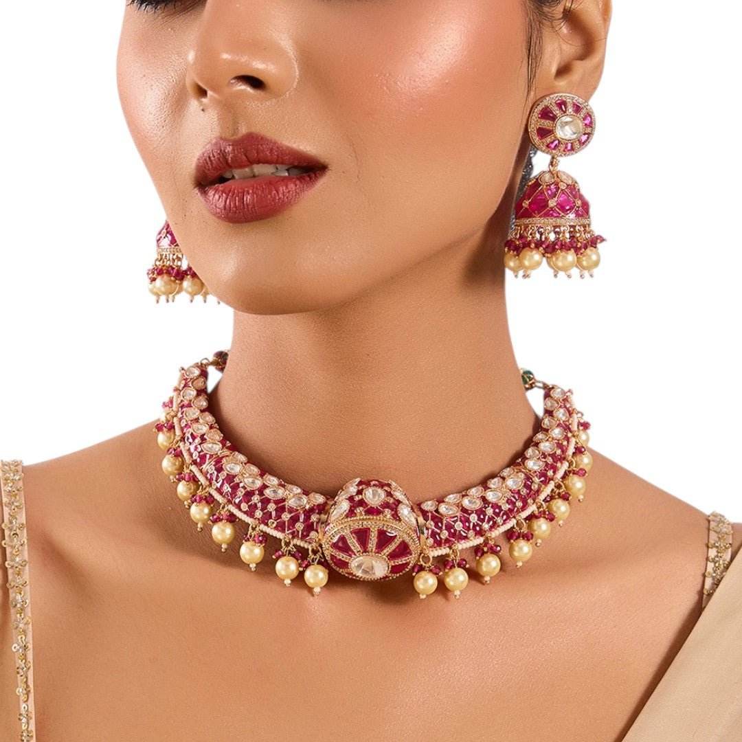 Ruby Dome Motif Choker Set with Pearl Drops - Auraa Trends