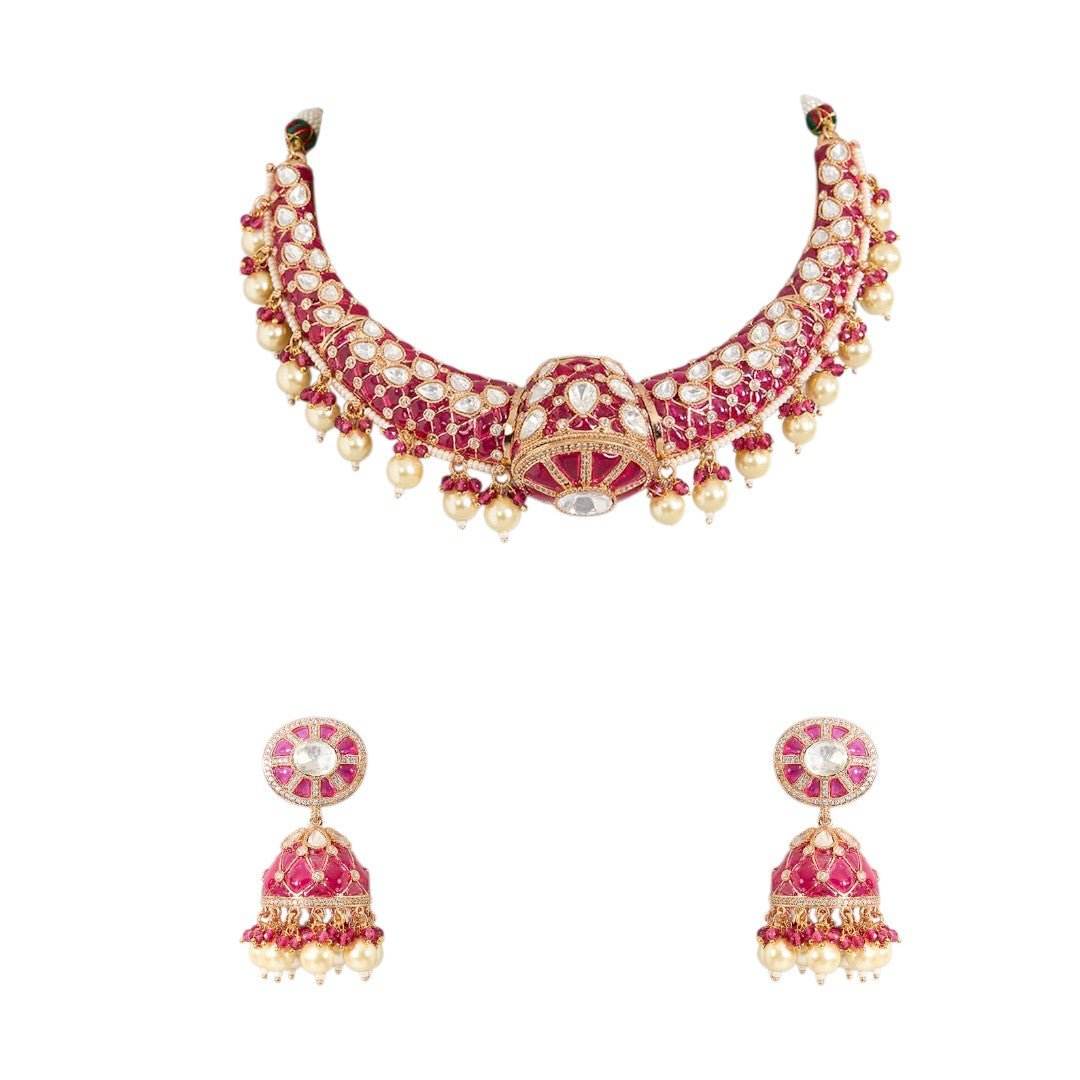 Ruby Dome Motif Choker Set with Pearl Drops - Auraa Trends