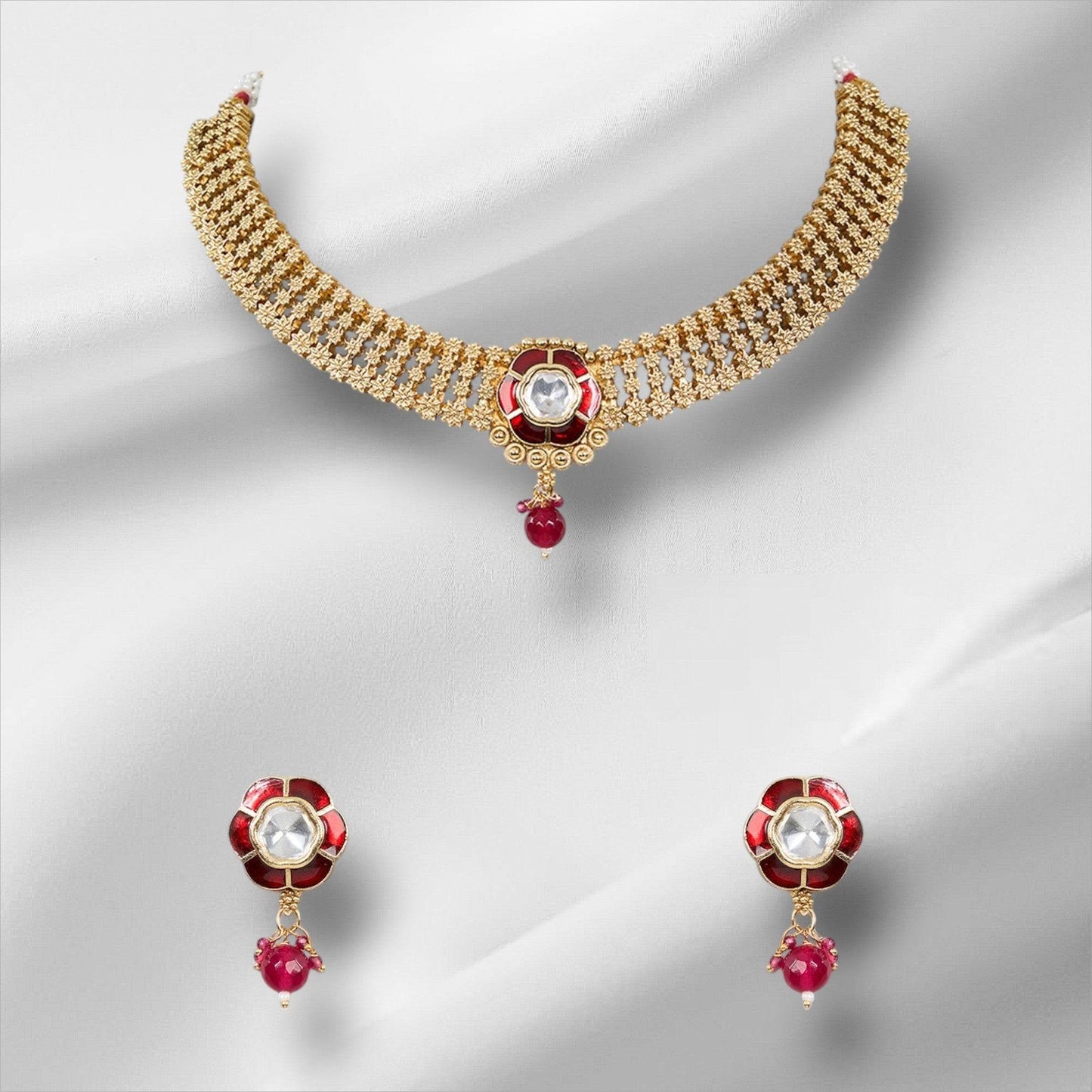 Ruby Elegance Antique Gold Choker Necklace Set - Auraa Trends