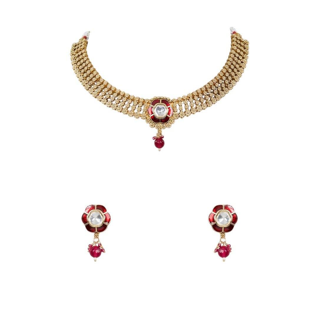 Ruby Elegance Antique Gold Choker Necklace Set - Auraa Trends