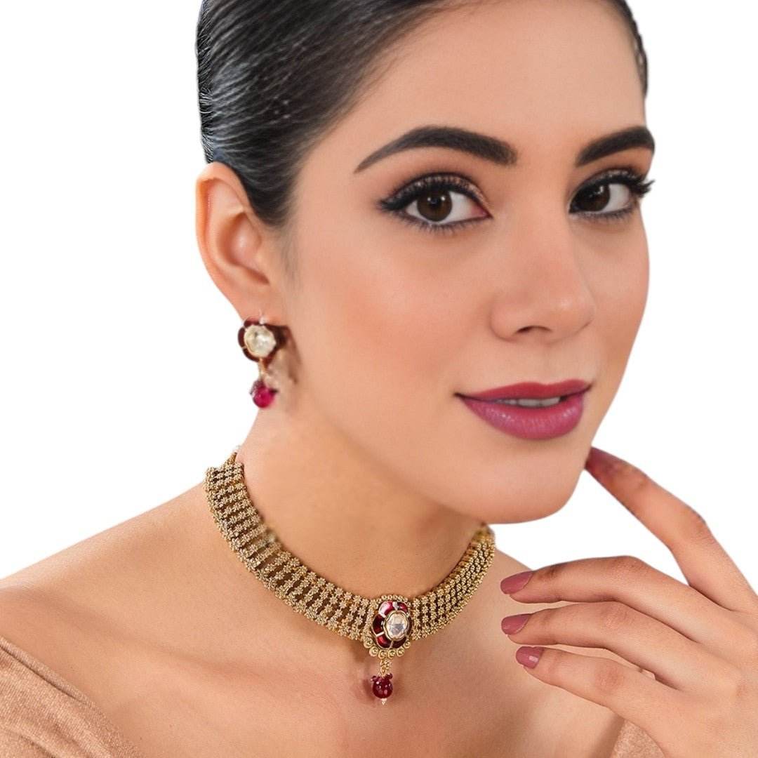 Ruby Elegance Antique Gold Choker Necklace Set - Auraa Trends