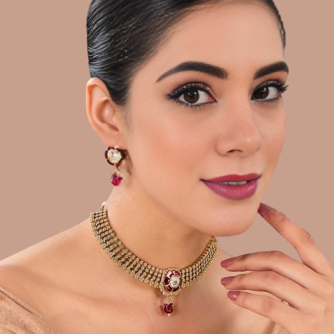 Ruby Elegance Antique Gold Choker Necklace Set - Auraa Trends