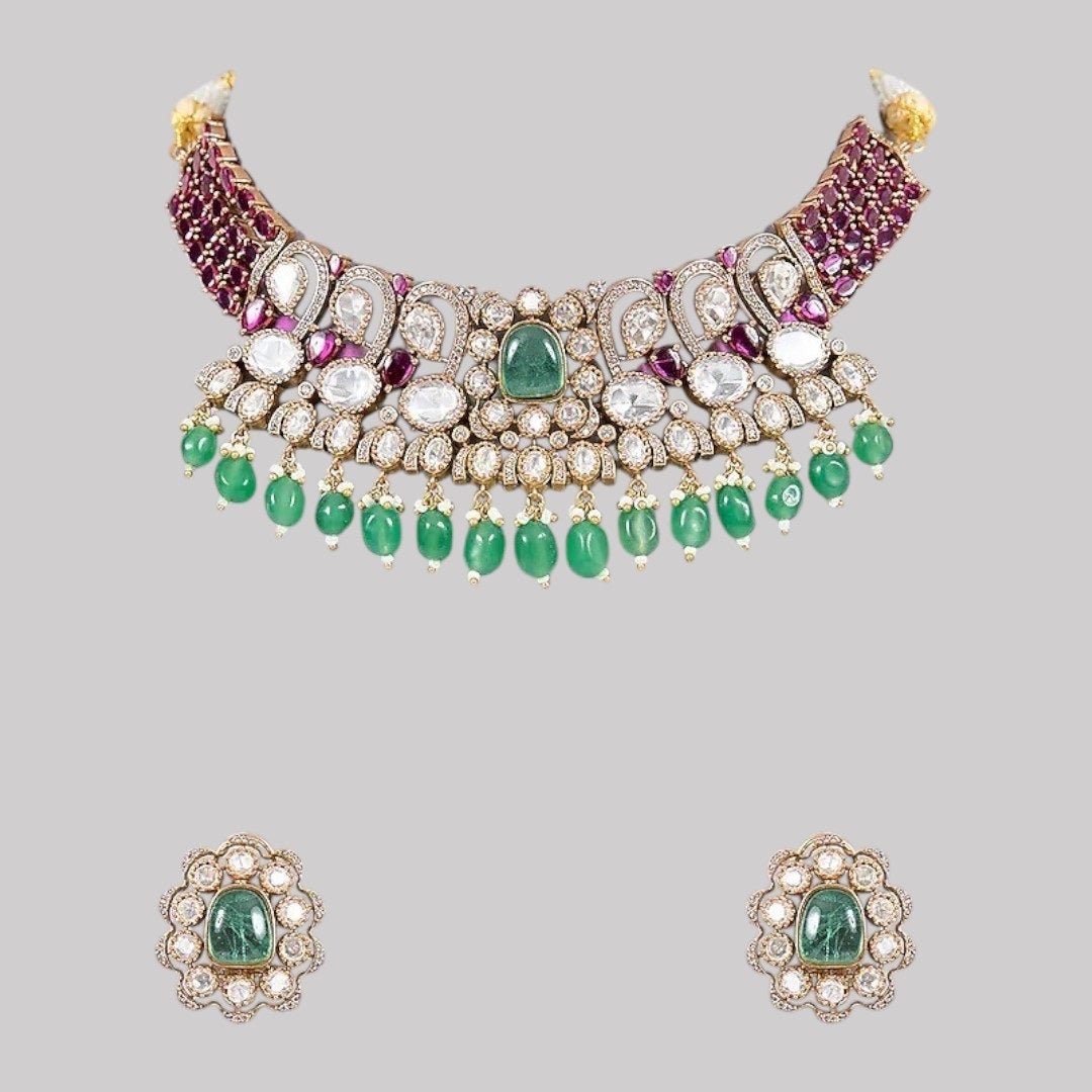 Ruby & Green Beads Kundan Choker Necklace Set with Floral Stud Earrings for Women - Auraa Trends - Necklace Set - - Auraa Trends - Woman wearing ruby and green beads kundan choker necklace with floral stud earrings