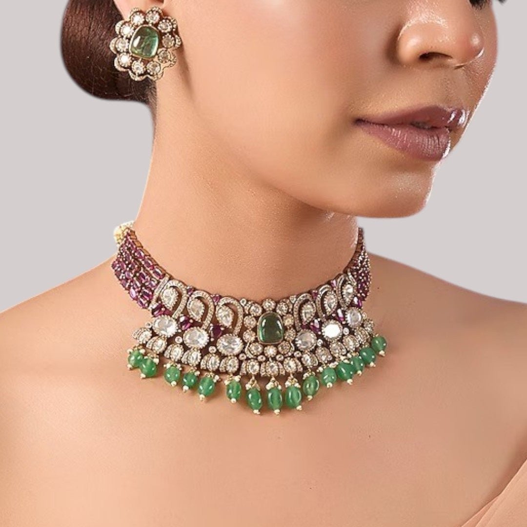 Ruby & Green Beads Kundan Choker Necklace Set with Floral Stud Earrings for Women - Auraa Trends - Necklace Set - - Auraa Trends - Woman wearing ruby and green beads kundan choker necklace with floral stud earrings
