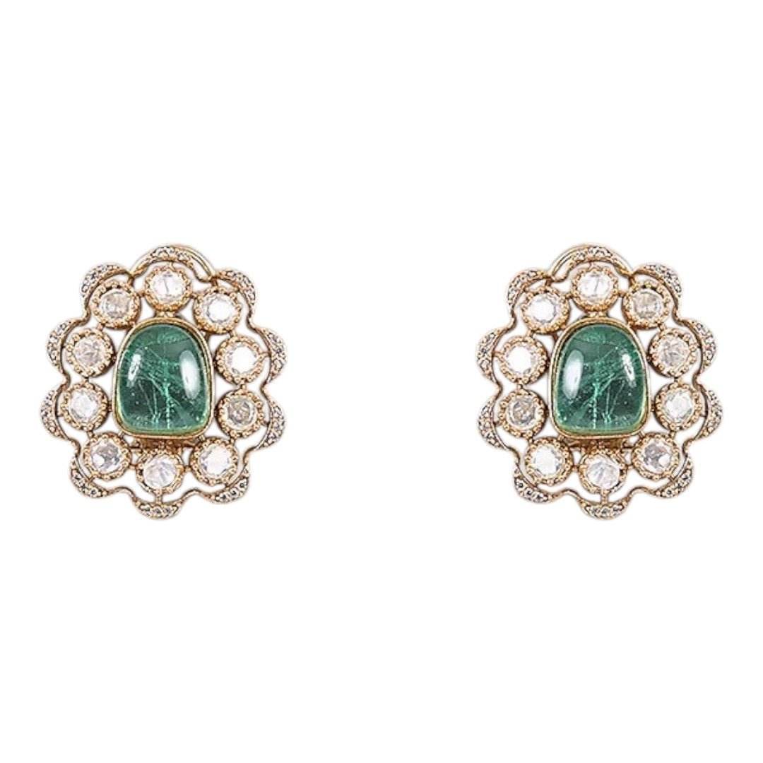 Ruby & Green Beads Kundan Choker Necklace Set with Floral Stud Earrings for Women - Auraa Trends