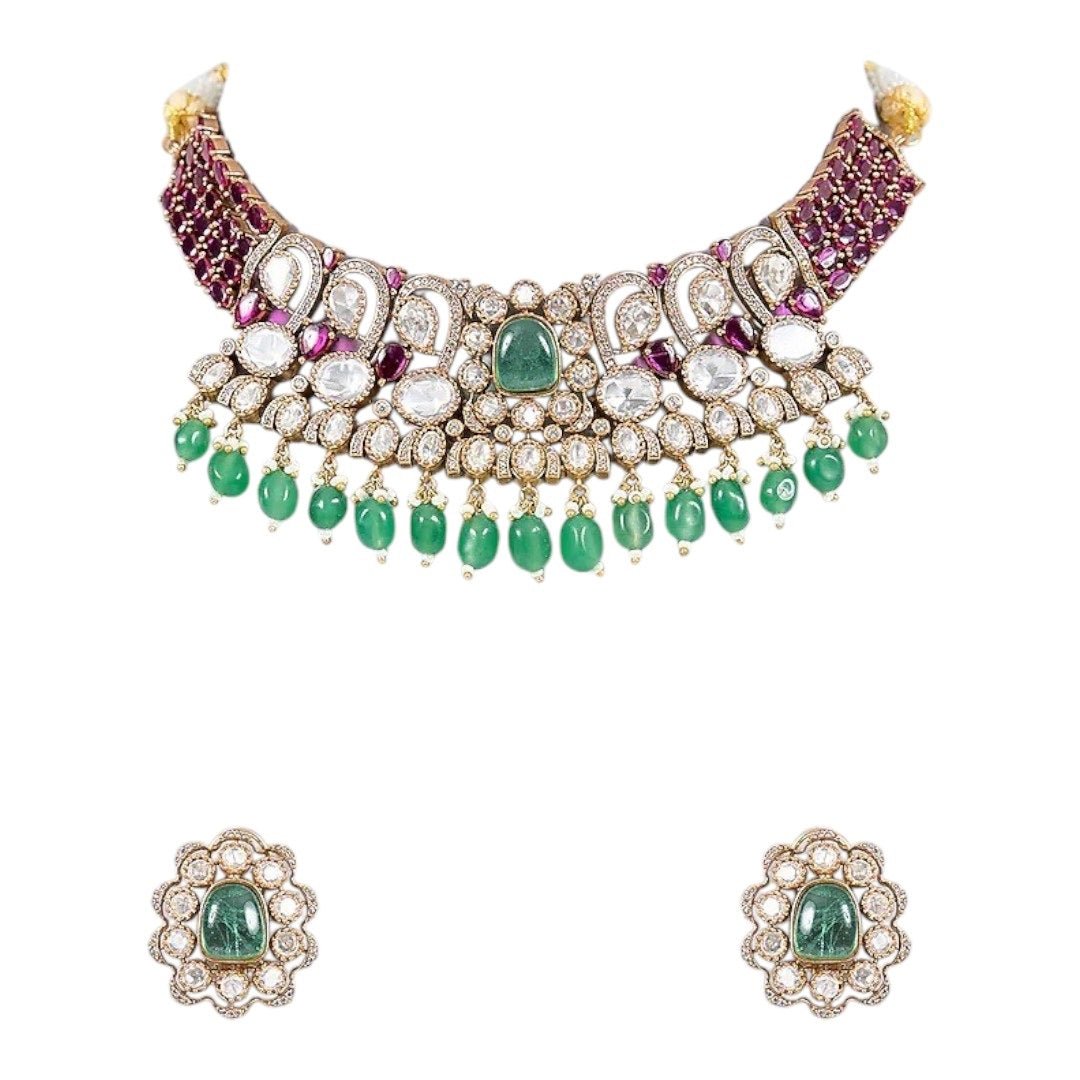 Ruby & Green Beads Kundan Choker Necklace Set with Floral Stud Earrings for Women - Auraa Trends - Necklace Set - - Auraa Trends - Woman wearing ruby and green beads kundan choker necklace with floral stud earrings
