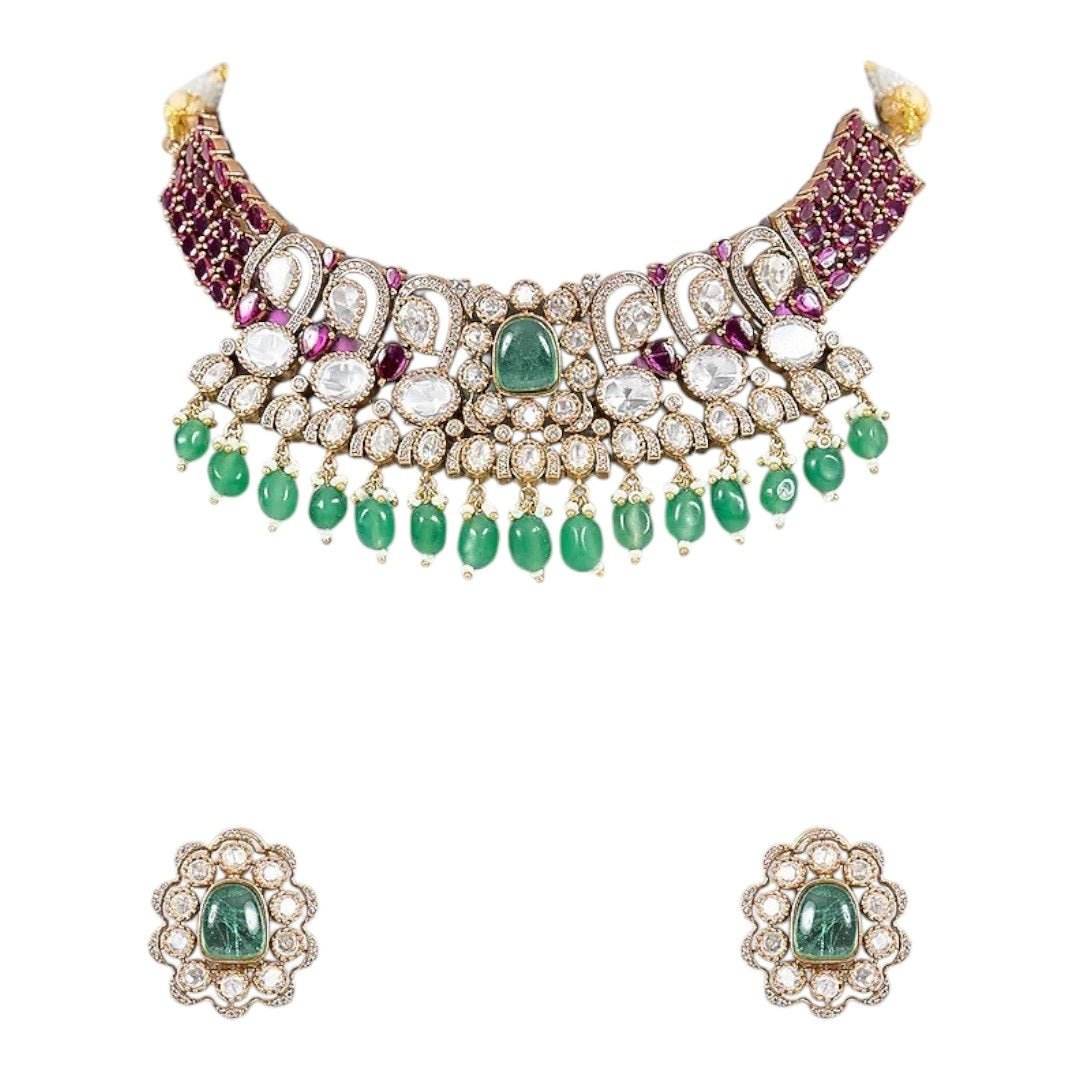 Ruby & Green Beads Kundan Choker Necklace Set with Floral Stud Earrings for Women - Auraa Trends