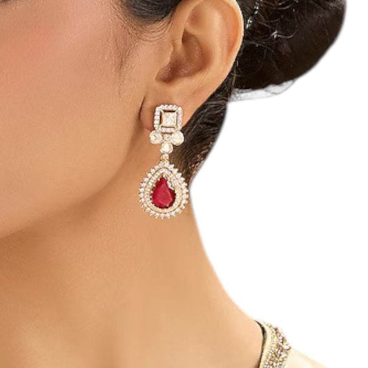 Ruby Red Drop Earrings – Pear-Cut Stone with Kundan Halo - Auraa Trends