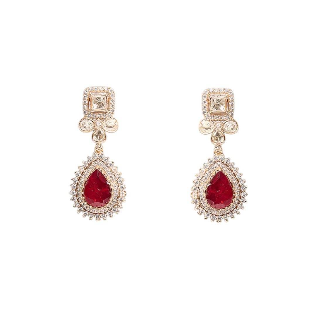 Ruby Red Drop Earrings – Pear-Cut Stone with Kundan Halo - Auraa Trends