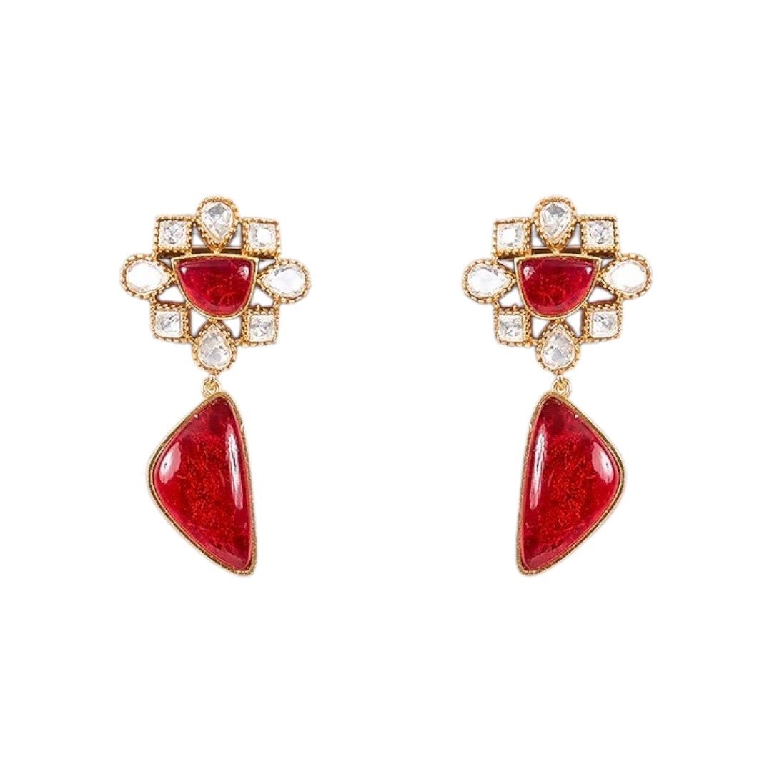 Ruby Red Stone Studded Choker Necklace Set with Gold - Plated Drop Earrings - Auraa Trends - Necklace Set - - Auraa Trends - "Gold - plated ruby red stone choker necklace set with Kundan detailing and matching drop earrings โ traditional Indian bridal and festive jewelry"