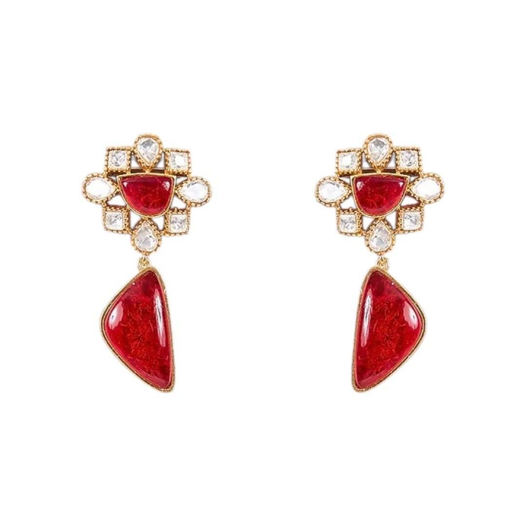 Ruby Red Stone Studded Choker Necklace Set with Gold-Plated Drop Earrings - Auraa Trends