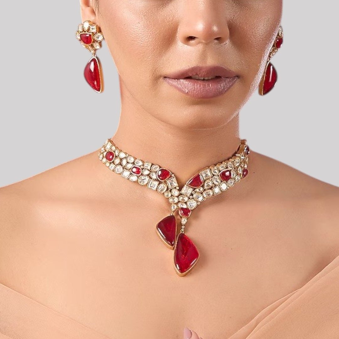 Ruby Red Stone Studded Choker Necklace Set with Gold - Plated Drop Earrings - Auraa Trends - Necklace Set - - Auraa Trends - "Gold - plated ruby red stone choker necklace set with Kundan detailing and matching drop earrings โ traditional Indian bridal and festive jewelry"