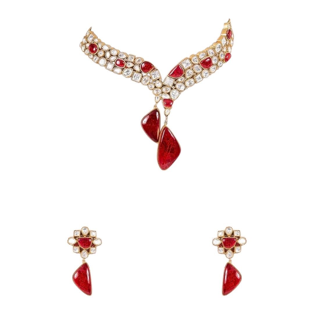 Ruby Red Stone Studded Choker Necklace Set with Gold - Plated Drop Earrings - Auraa Trends - Necklace Set - - Auraa Trends - "Gold - plated ruby red stone choker necklace set with Kundan detailing and matching drop earrings โ traditional Indian bridal and festive jewelry"