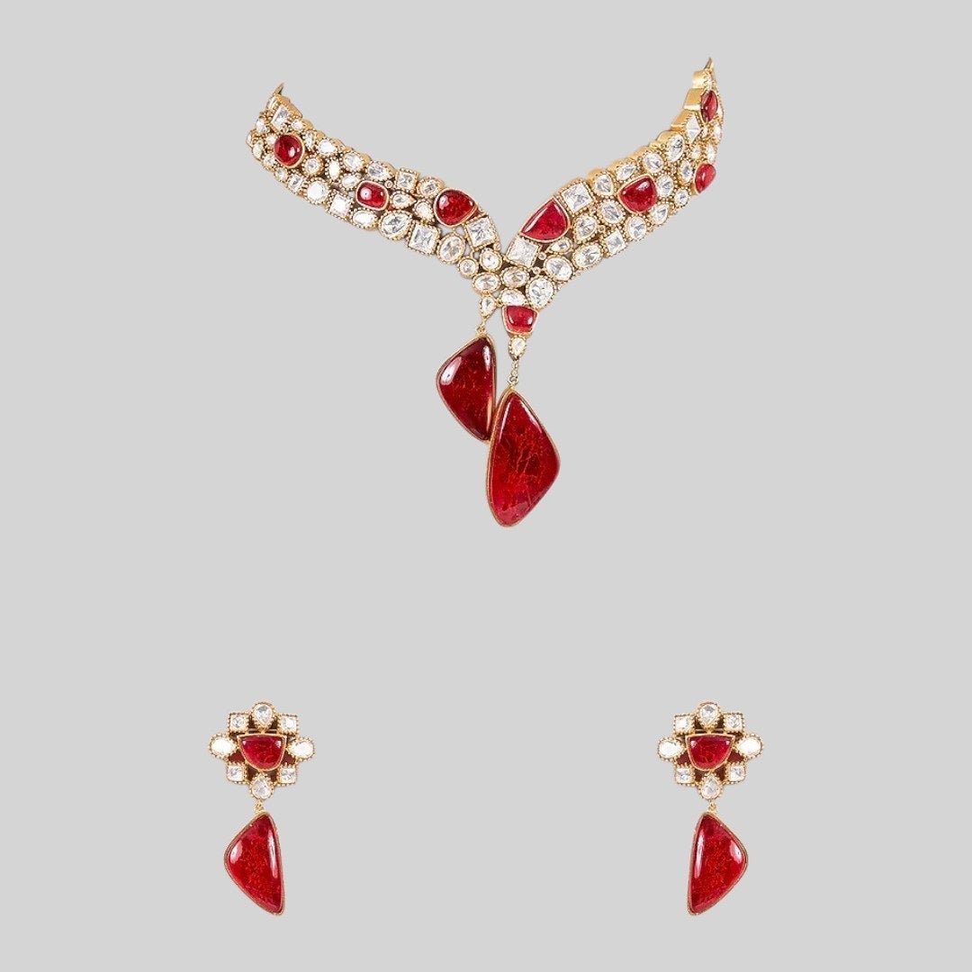 Ruby Red Stone Studded Choker Necklace Set with Gold - Plated Drop Earrings - Auraa Trends - Necklace Set - - Auraa Trends - "Gold - plated ruby red stone choker necklace set with Kundan detailing and matching drop earrings โ traditional Indian bridal and festive jewelry"