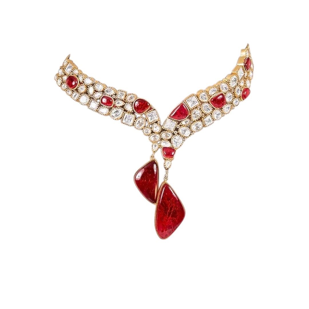 Ruby Red Stone Studded Choker Necklace Set with Gold - Plated Drop Earrings - Auraa Trends - Necklace Set - - Auraa Trends - "Gold - plated ruby red stone choker necklace set with Kundan detailing and matching drop earrings โ traditional Indian bridal and festive jewelry"