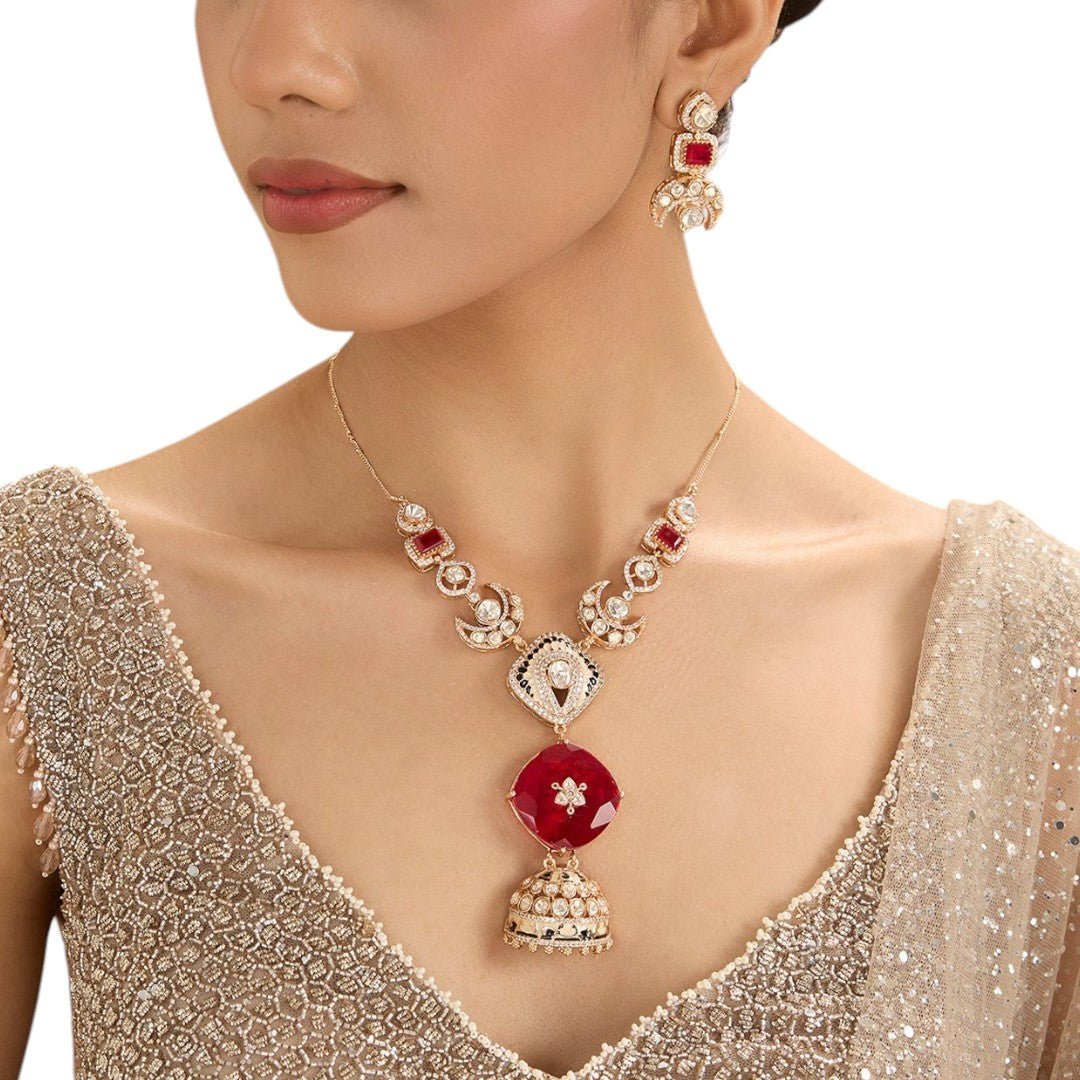 Ruby Red Temple Pendant Necklace Set – Kundan Jhumka Motif Design - Auraa Trends - necklace - - Auraa Trends - Classic Indian necklace with ruby red pendant, kundan detail, jhumka motif, and matching earrings – bridal/festive wear.