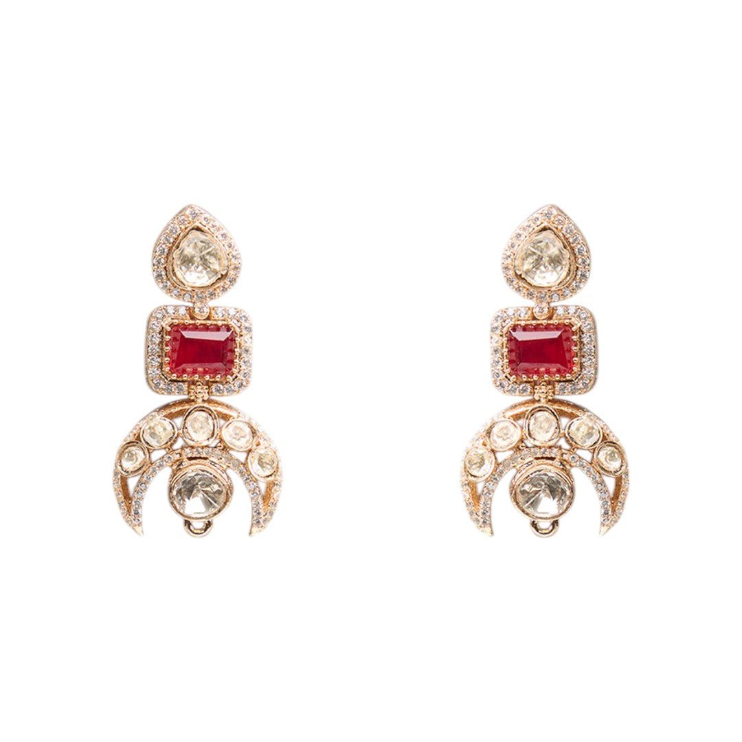 Ruby Red Temple Pendant Necklace Set – Kundan Jhumka Motif Design - Auraa Trends - necklace - - Auraa Trends - Classic Indian necklace with ruby red pendant, kundan detail, jhumka motif, and matching earrings – bridal/festive wear.