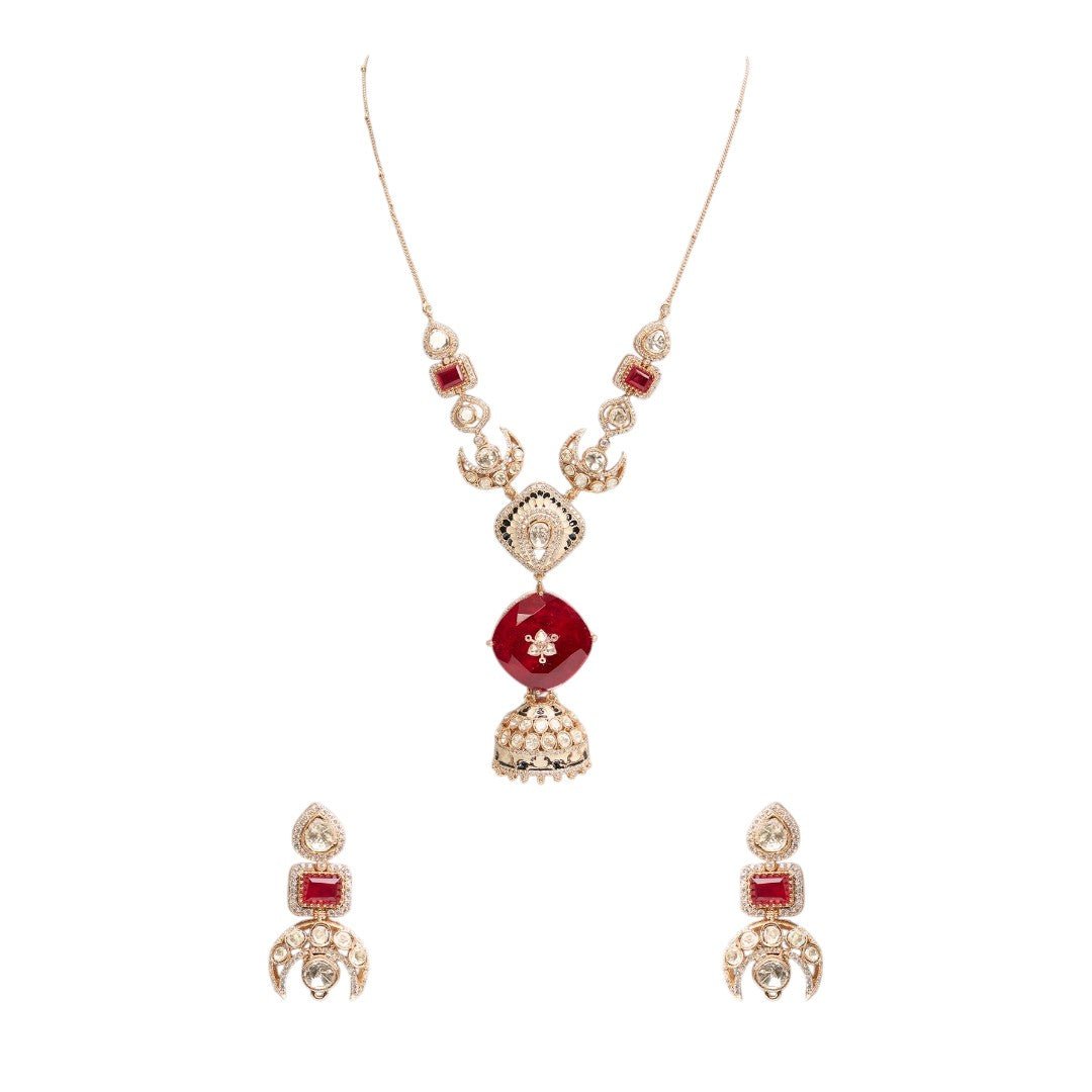 Ruby Red Temple Pendant Necklace Set – Kundan Jhumka Motif Design - Auraa Trends - necklace - - Auraa Trends - Classic Indian necklace with ruby red pendant, kundan detail, jhumka motif, and matching earrings – bridal/festive wear.