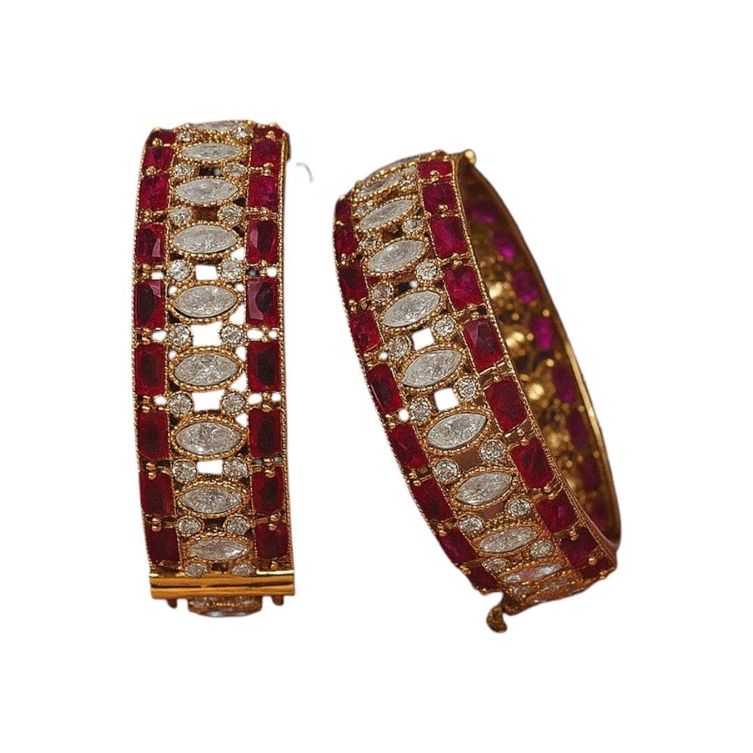 Ruby Red & White American Diamond Gold - Plated Statement Bangles - Auraa Trends - Bangles - - Auraa Trends - Elegant gold - plated bangles with ruby red rectangular stones and marquise white American diamonds β traditional Indian festive and bridal jewelry.