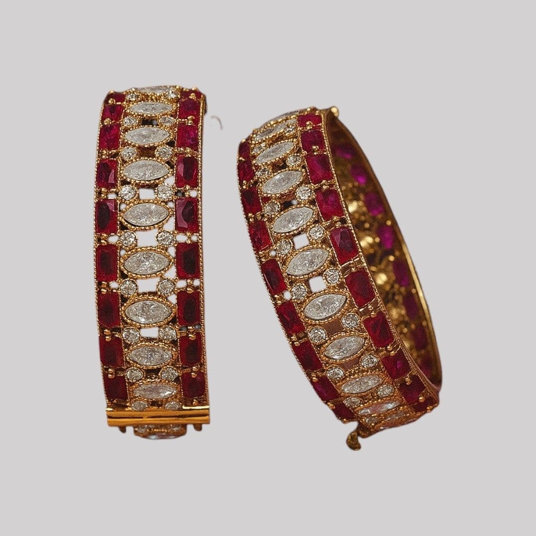 Ruby Red & White American Diamond Gold - Plated Statement Bangles - Auraa Trends - Bangles - - Auraa Trends - Elegant gold - plated bangles with ruby red rectangular stones and marquise white American diamonds β traditional Indian festive and bridal jewelry.