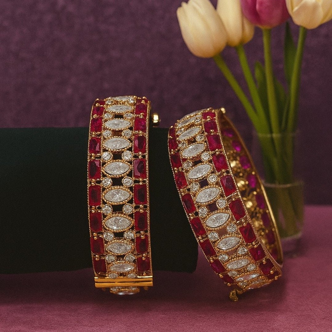Ruby Red & White American Diamond Gold - Plated Statement Bangles - Auraa Trends - Bangles - - Auraa Trends - Elegant gold - plated bangles with ruby red rectangular stones and marquise white American diamonds β traditional Indian festive and bridal jewelry.