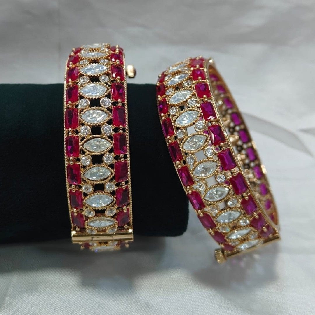 Ruby Red & White American Diamond Gold - Plated Statement Bangles - Auraa Trends - Bangles - - Auraa Trends - Elegant gold - plated bangles with ruby red rectangular stones and marquise white American diamonds β traditional Indian festive and bridal jewelry.