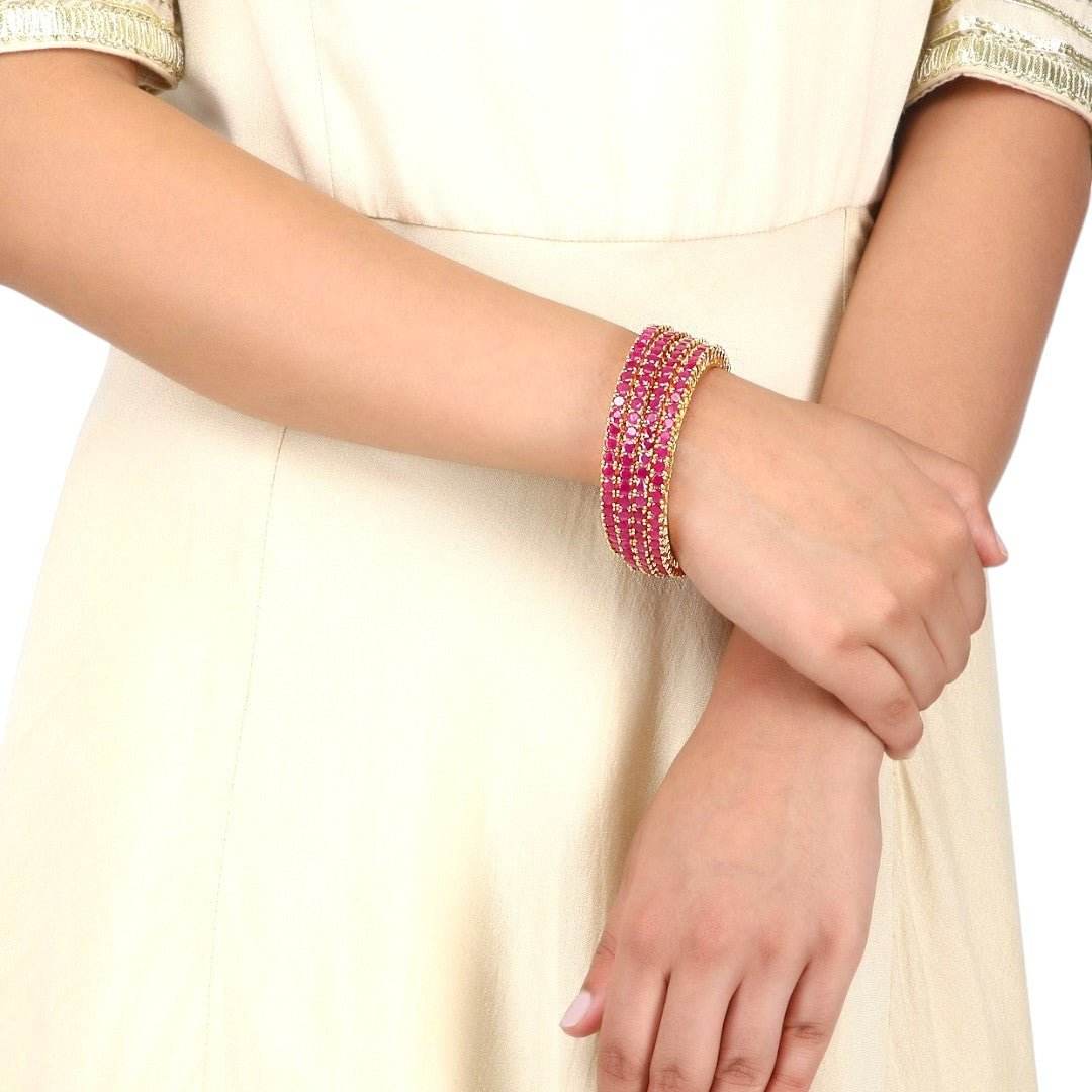 Set Of 2 Gold Plated Fuschia Pink American Diamond Bangles - Auraa Trends