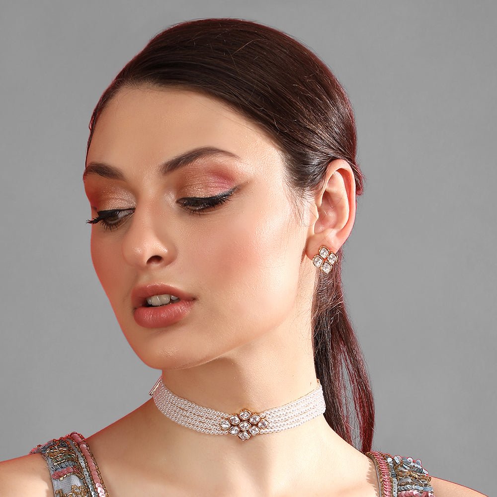 Shining Crystal Beaded Adjustable Choker Necklace & Earring Set - Choker - # - Auraa Trends - Shop Choker Necklace & Earring