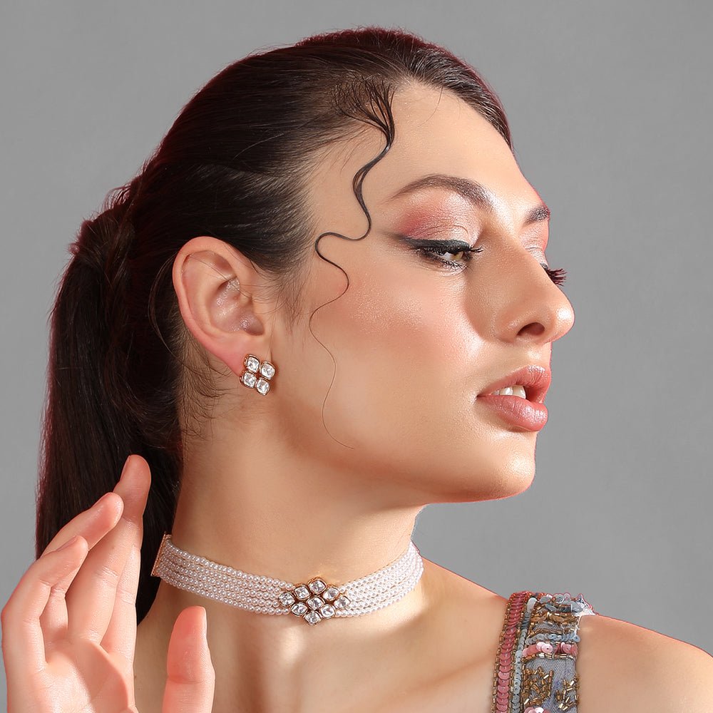 Shining Crystal Beaded Adjustable Choker Necklace & Earring Set - Auraa Trends - Choker - Choker Necklace & Earring Set