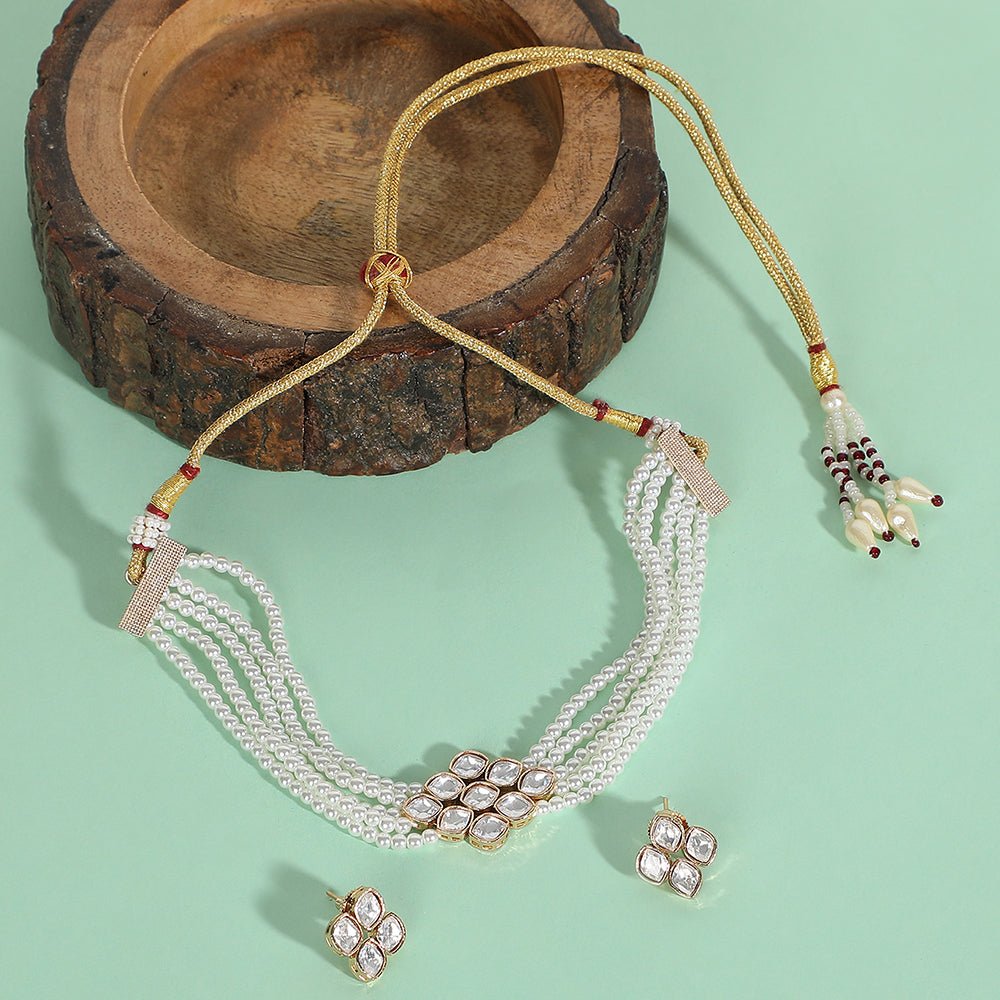 Shining Crystal Beaded Adjustable Choker Necklace & Earring Set - Auraa Trends - Choker - Buy Choker Necklace & Earring Set