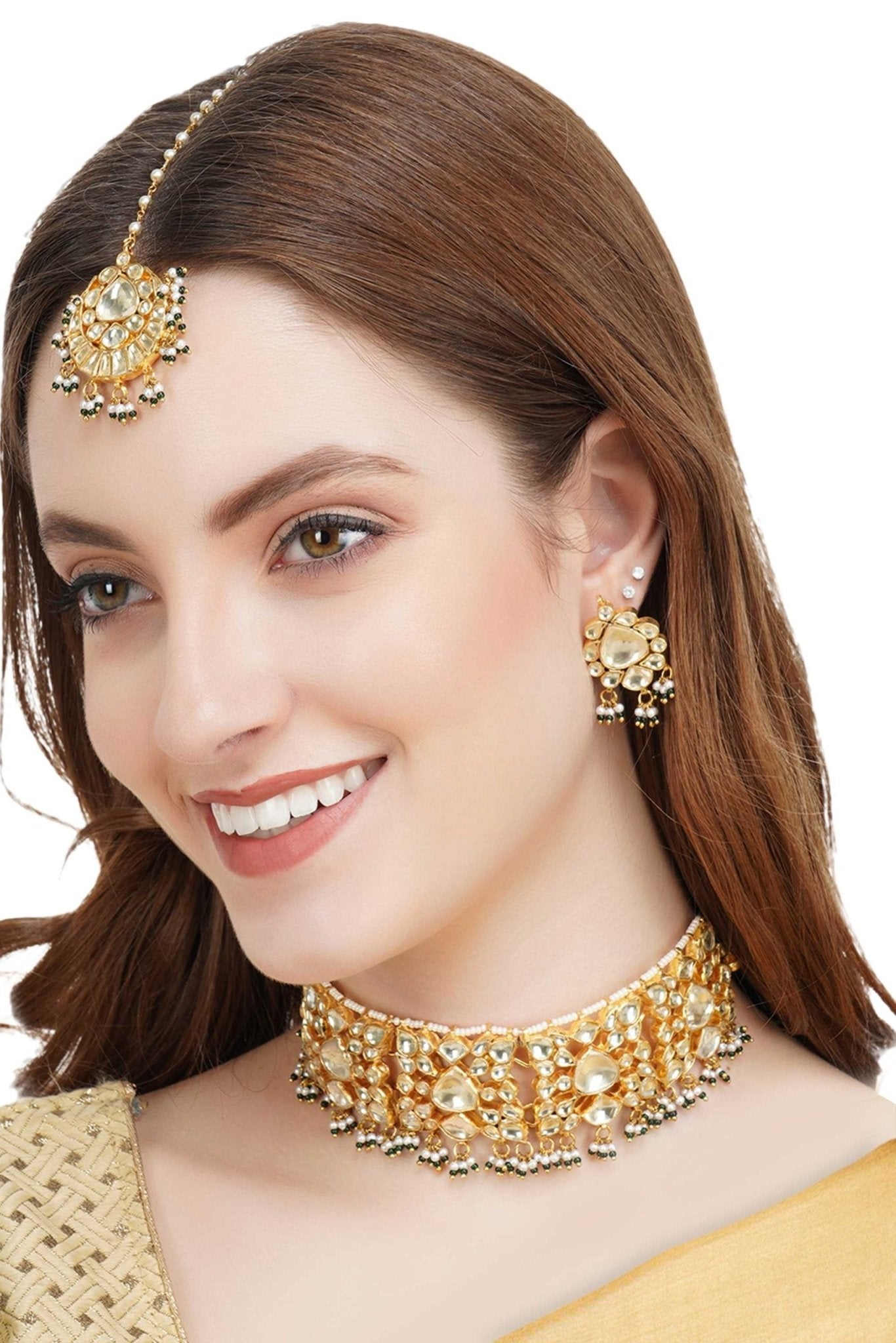 Shining Gold Plated Kundan Choker Necklace Set - Auraa Trends - Choker - # - Auraa Trends - Shining Gold Plated Kundan Choker Necklace Set