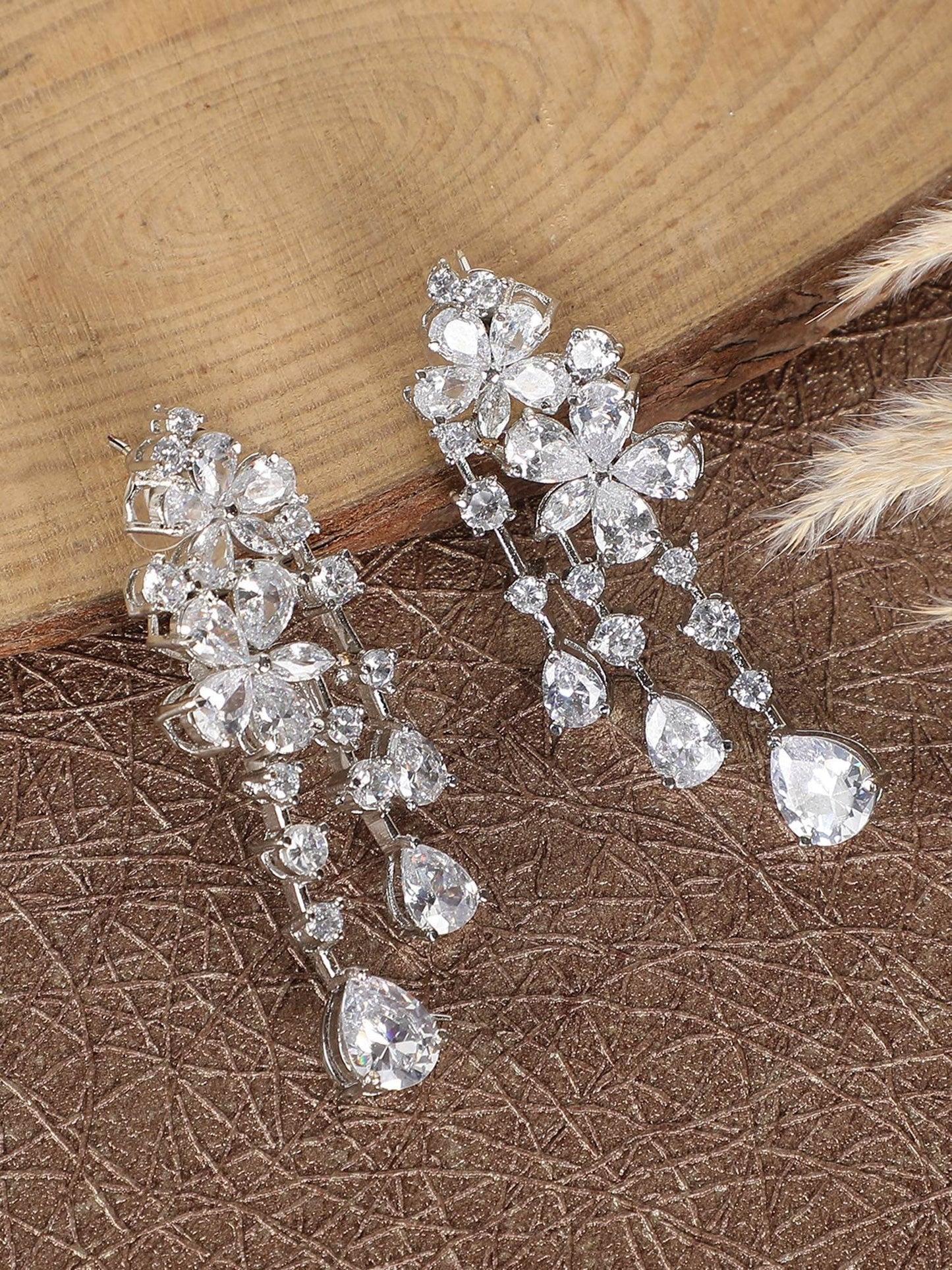 Silver Crystal Cascade Earrings with Multi-Cut Zircon Stones - Auraa Trends
