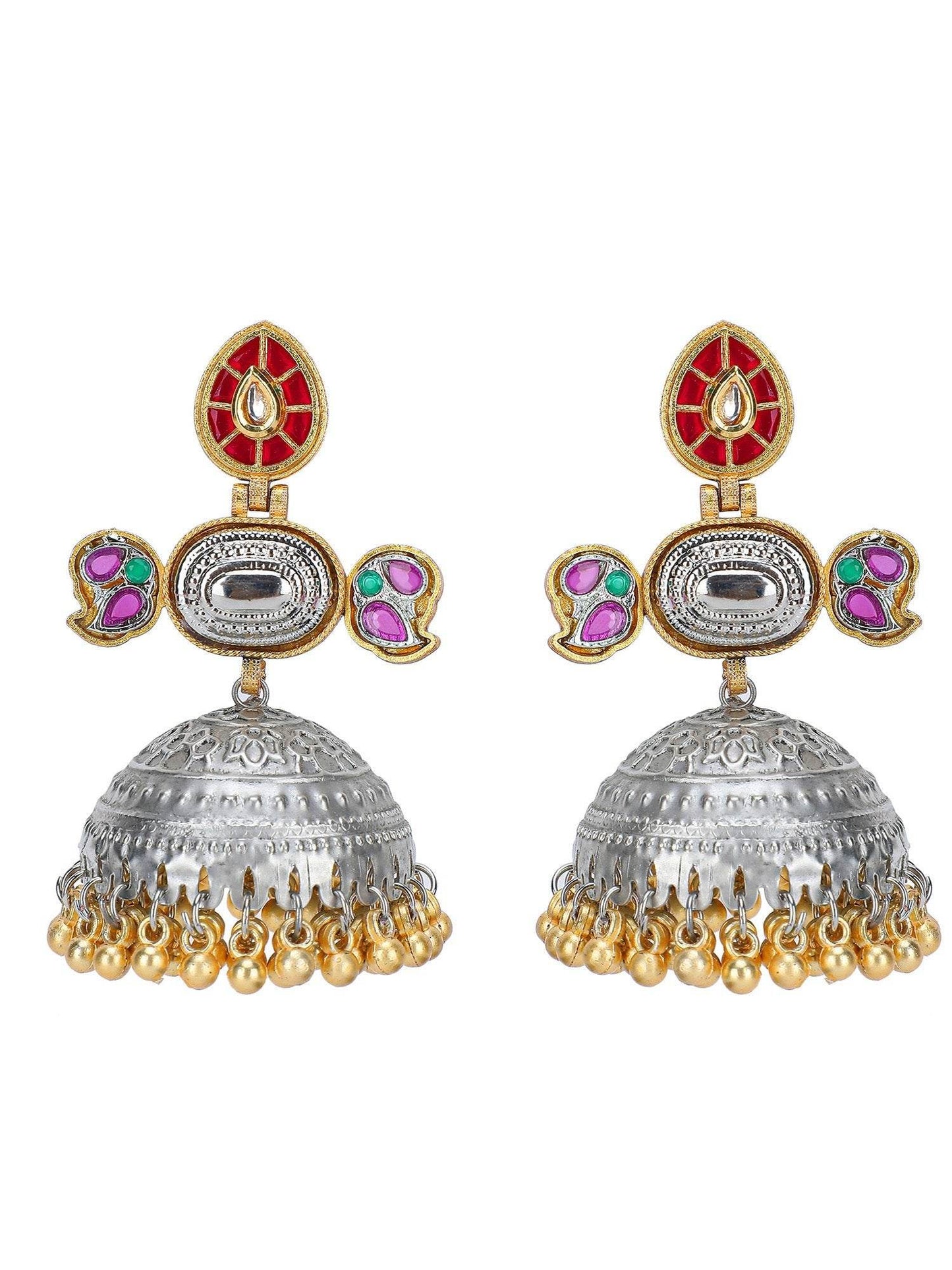 Silver Dome Jhumka Earrings featuring Ruby Red Multi-Stone Accents - Auraa Trends