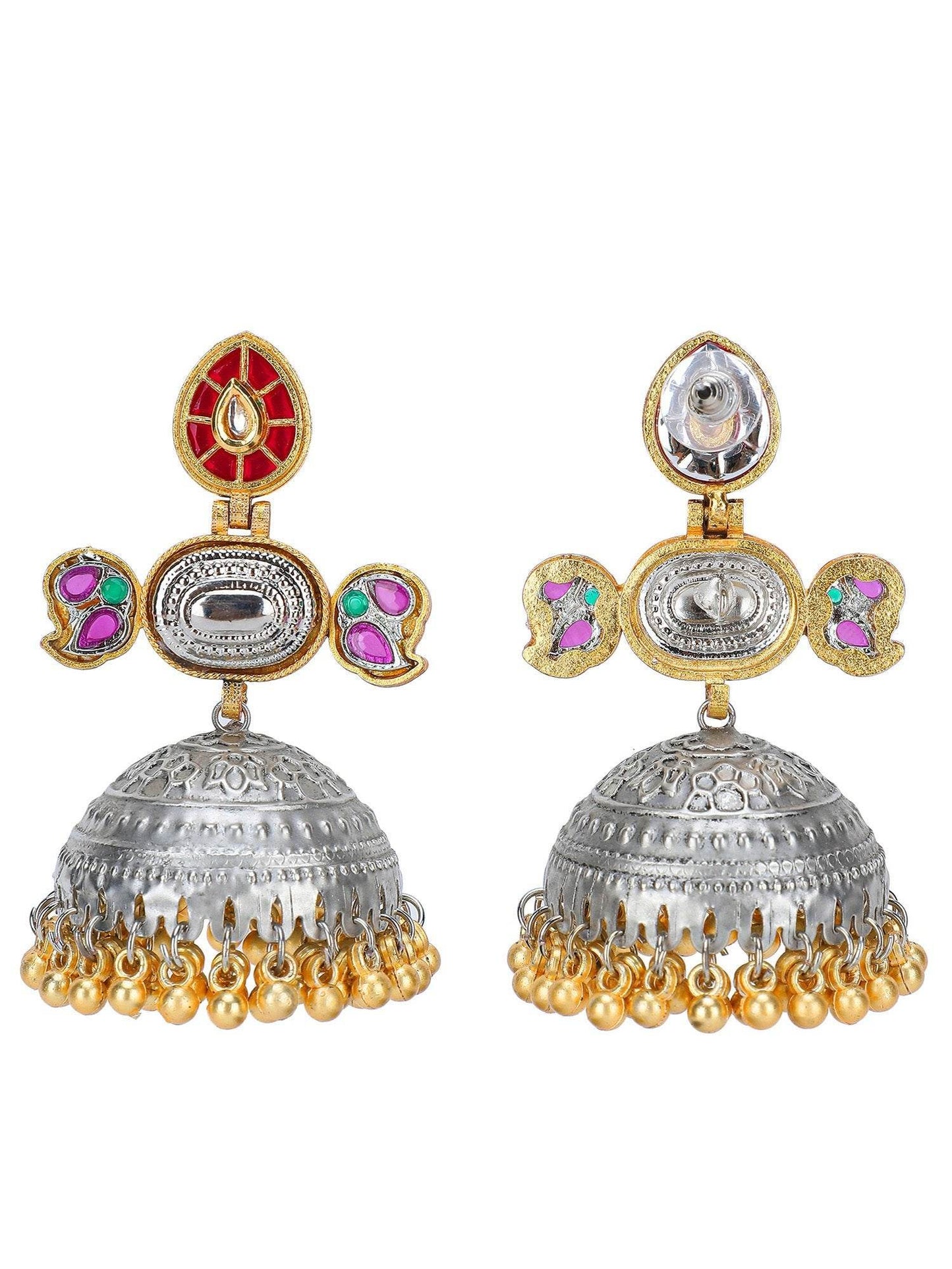 Silver Dome Jhumka Earrings featuring Ruby Red Multi-Stone Accents - Auraa Trends