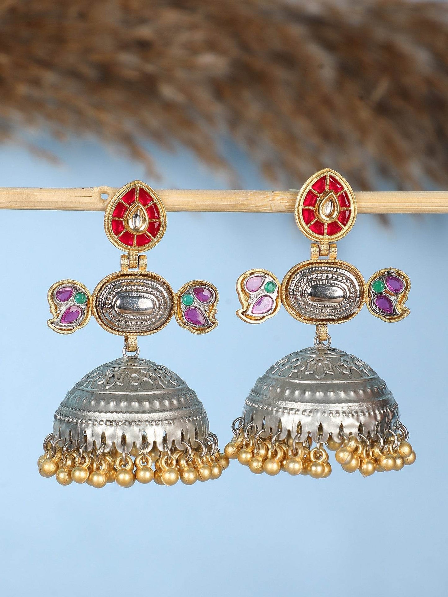 Silver Dome Jhumka Earrings featuring Ruby Red Multi-Stone Accents - Auraa Trends