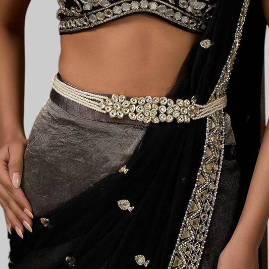 Silver Finish Kundan Polki & Crystal Kamarbandh - Auraa Trends