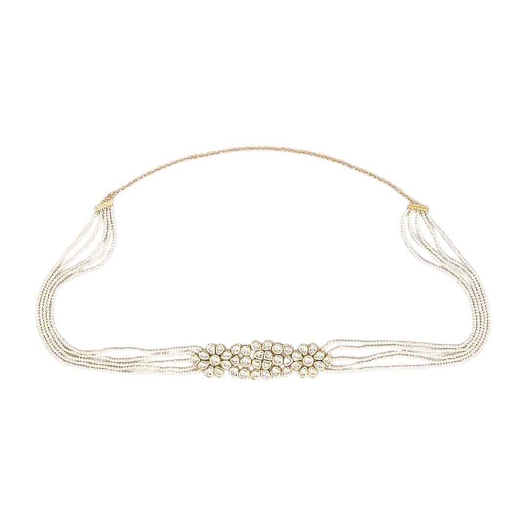 Silver Finish Kundan Polki & Crystal Kamarbandh - Auraa Trends - Waist Belt - - Auraa Trends - "Black embroidered blouse with mirror work paired with Kundan pearl saree belt โ Traditional Indian festive and wedding outfit for women"